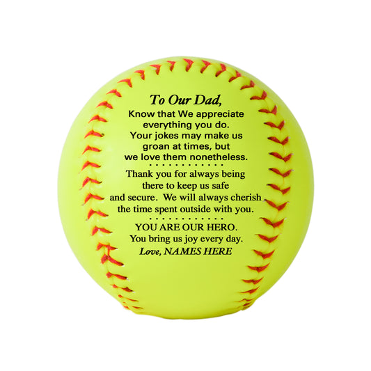 Father's Day Personalized Softball from son, daughter or kids.  Custom Softball for Dad